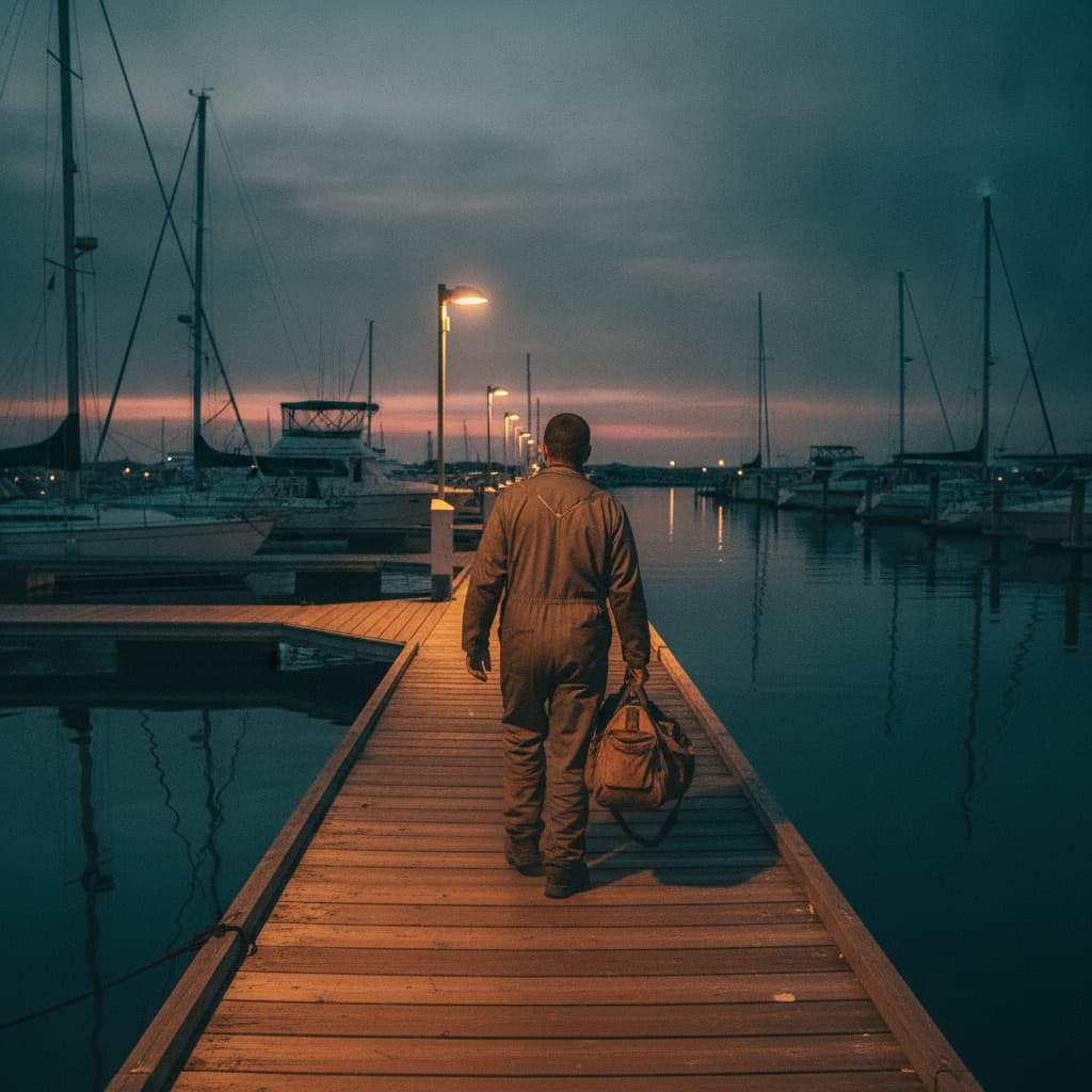 Marine mechanic walking a marina dock at dusk carrying a tool bag, seen from behind with boats moored along the slip