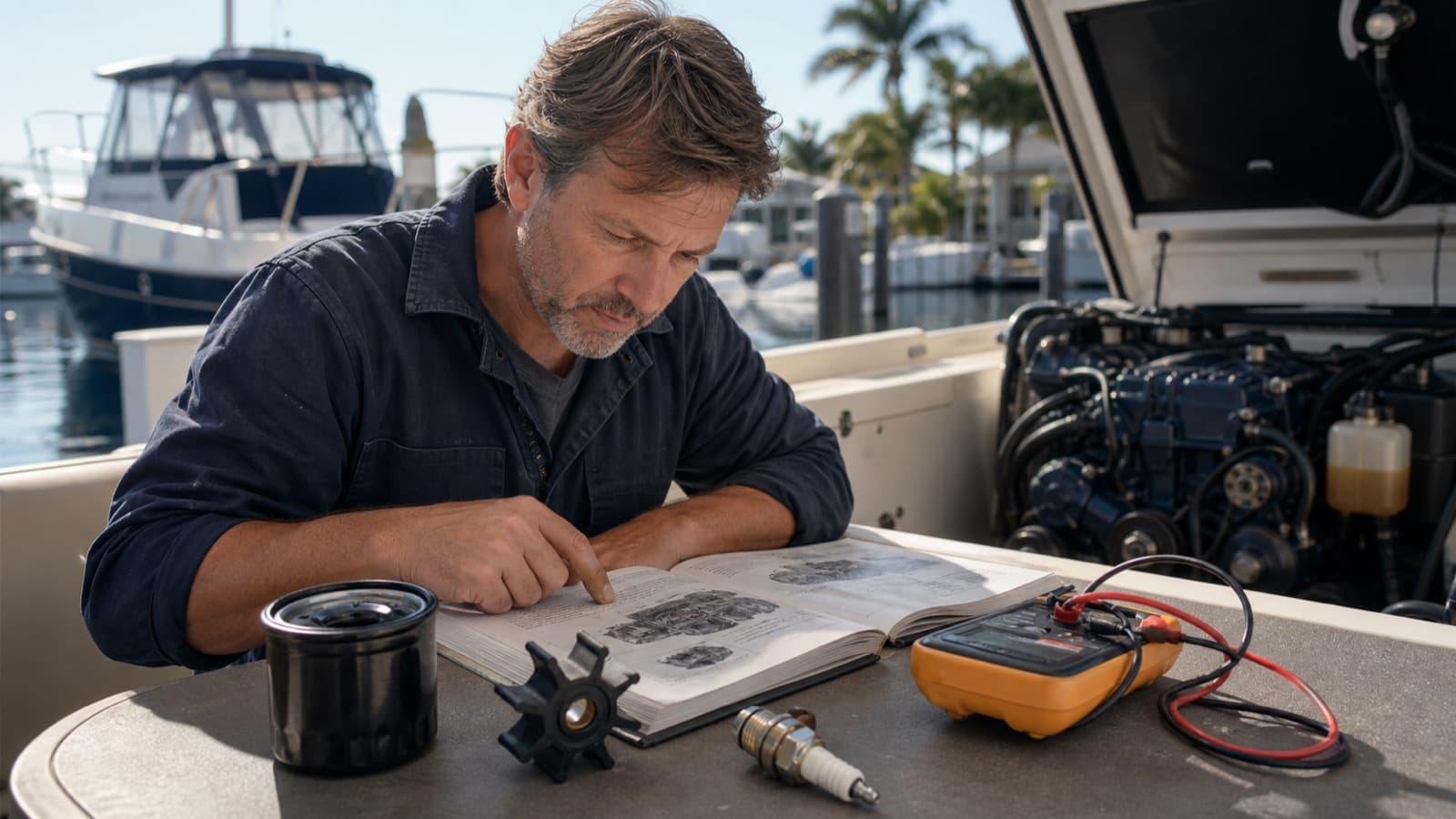 Marine mechanic reviewing maintenance parts and a service manual aboard a boat