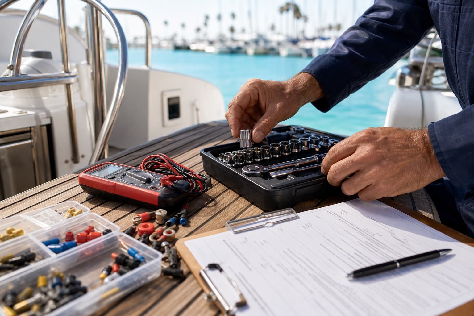 Marine service tools and a maintenance checklist arranged on a boat in a sunlit marina