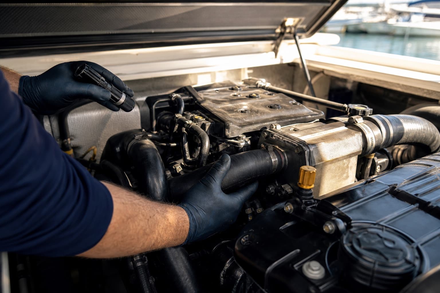 A marine mechanic inspecting an engine cooling system at the dock
