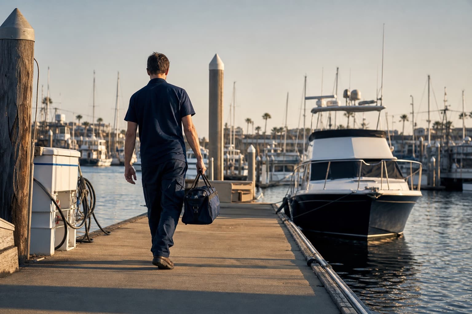 Marine mechanic arriving at a sunny marina dock with a service bag
