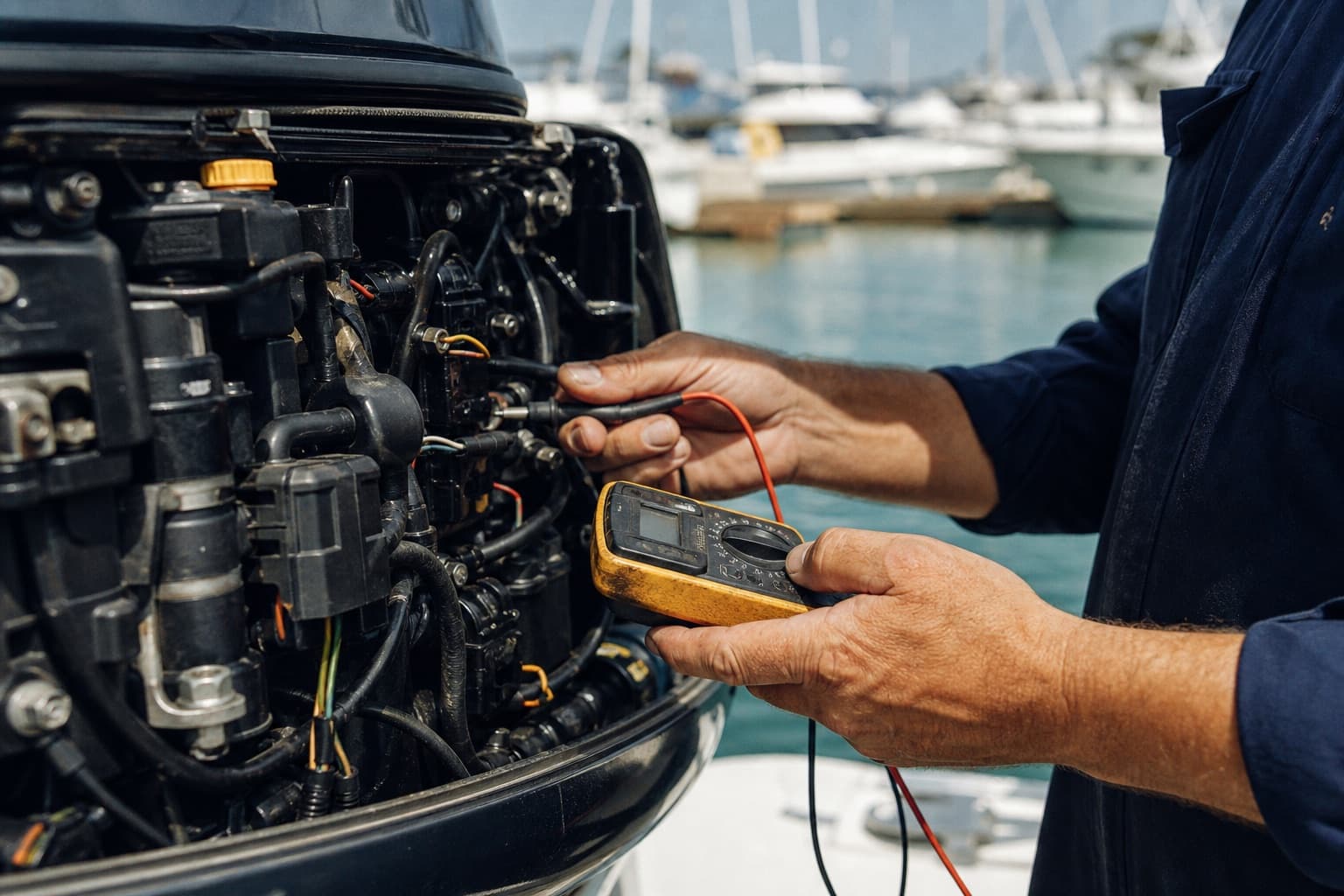 Hands using a multimeter to diagnose an outboard electrical system
