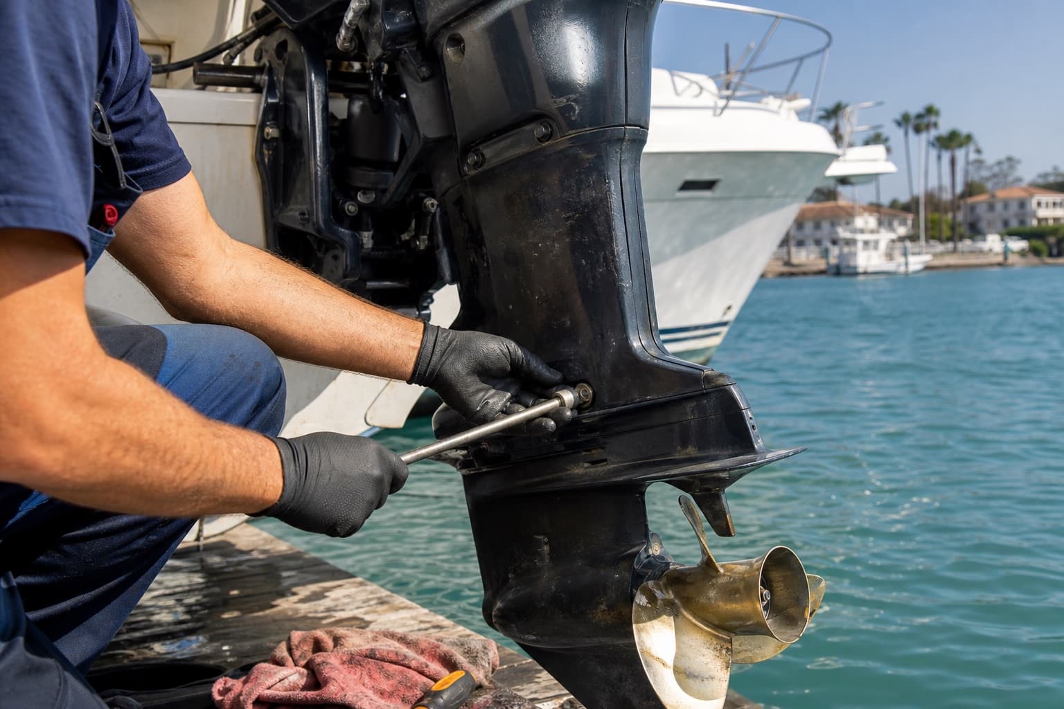 Outboard service performed dockside on a boat