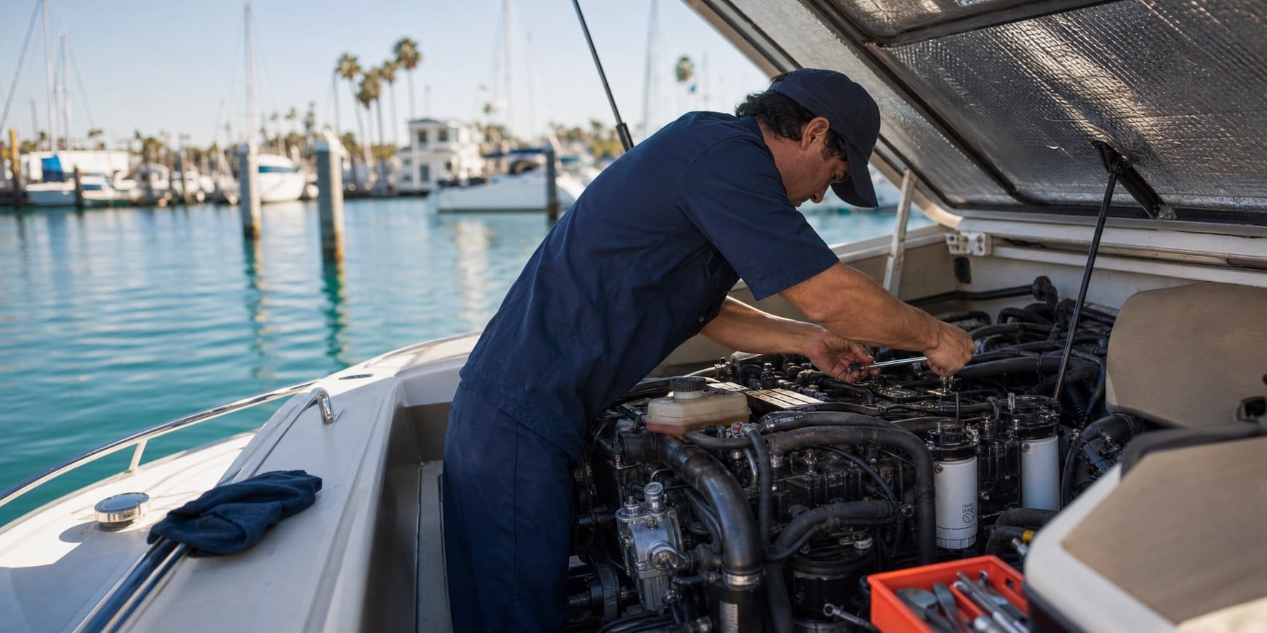 Engine service and oil changes performed dockside on a boat