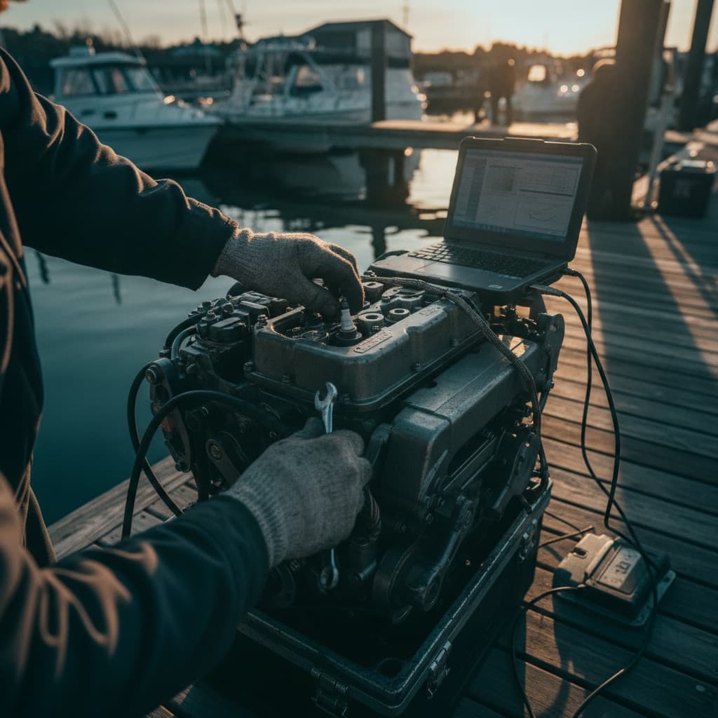 Marine mechanic servicing a boat engine at the dock, diagnostic laptop open nearby, shot at golden dusk with teal water in the background
