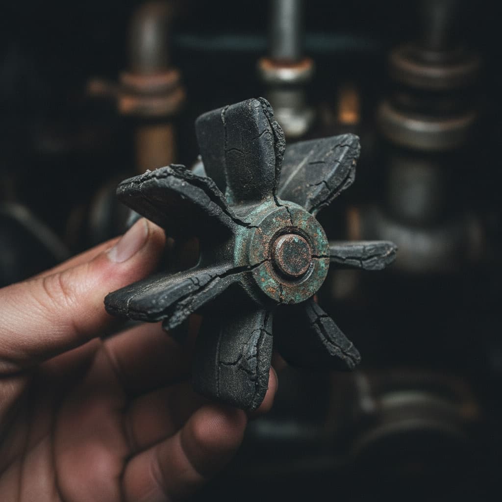 Worn water-pump impeller with cracked and missing vanes at end of service life