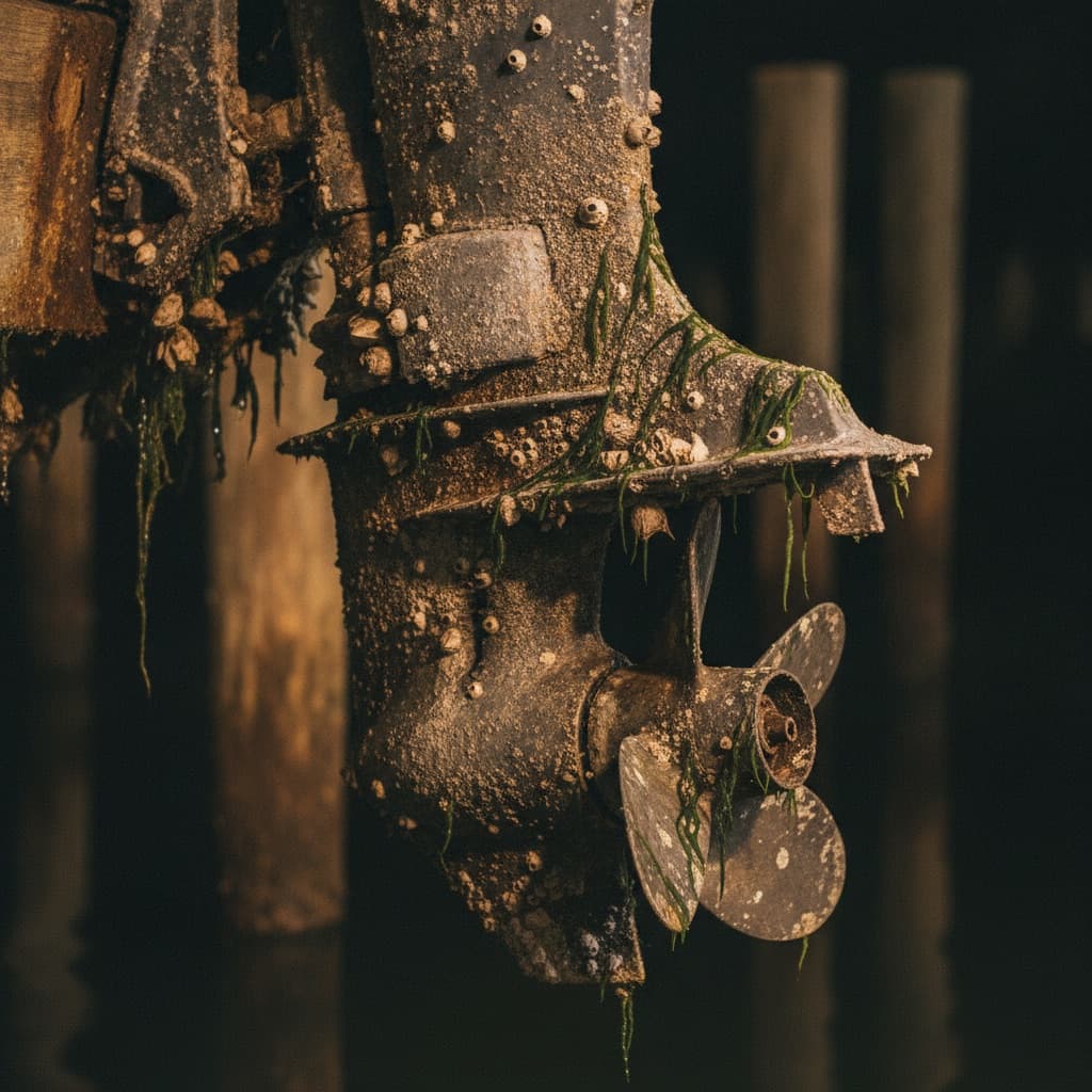 Outboard lower unit and prop heavily fouled with barnacles and corrosion before service