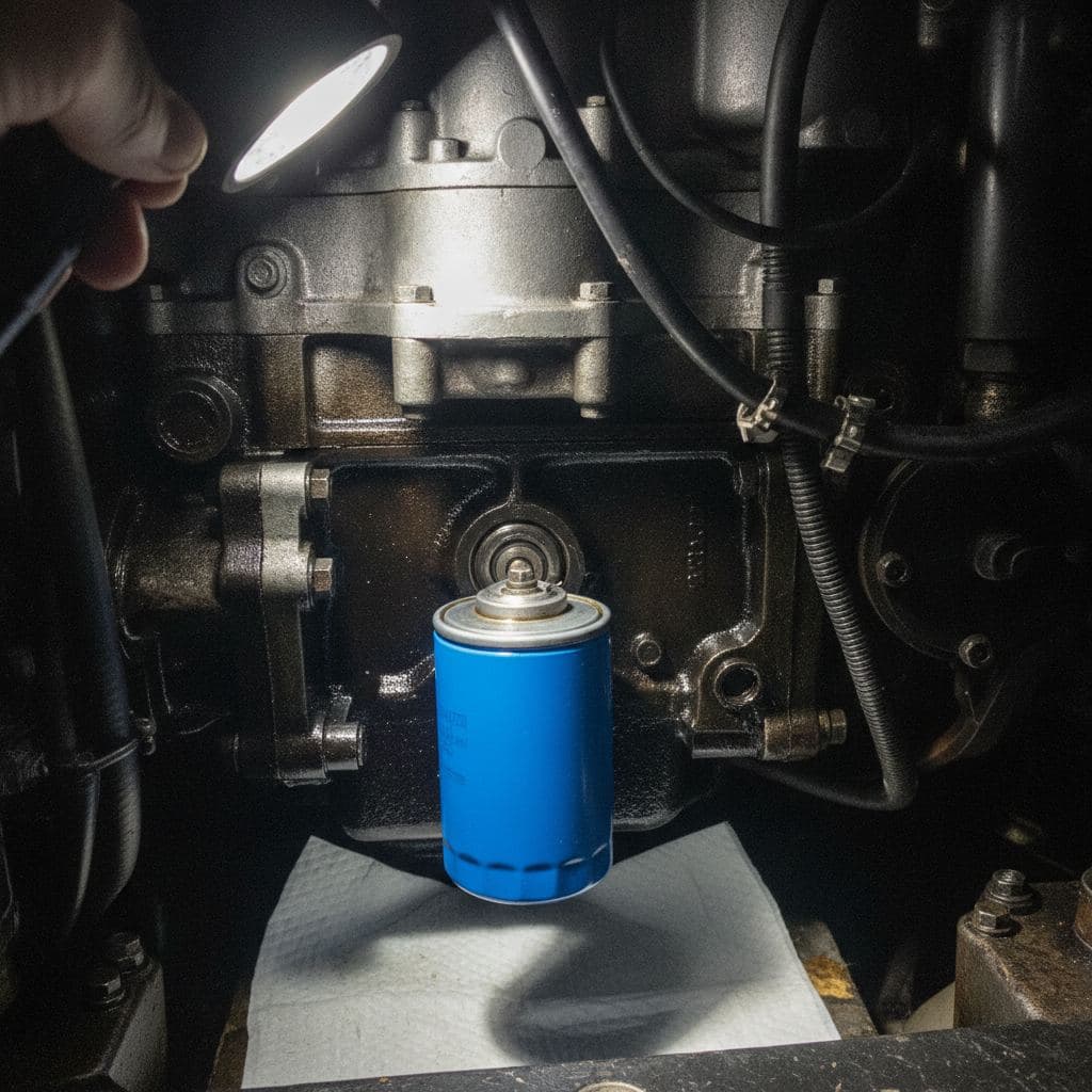 New oil filter freshly installed on the same marine engine, block wiped clean