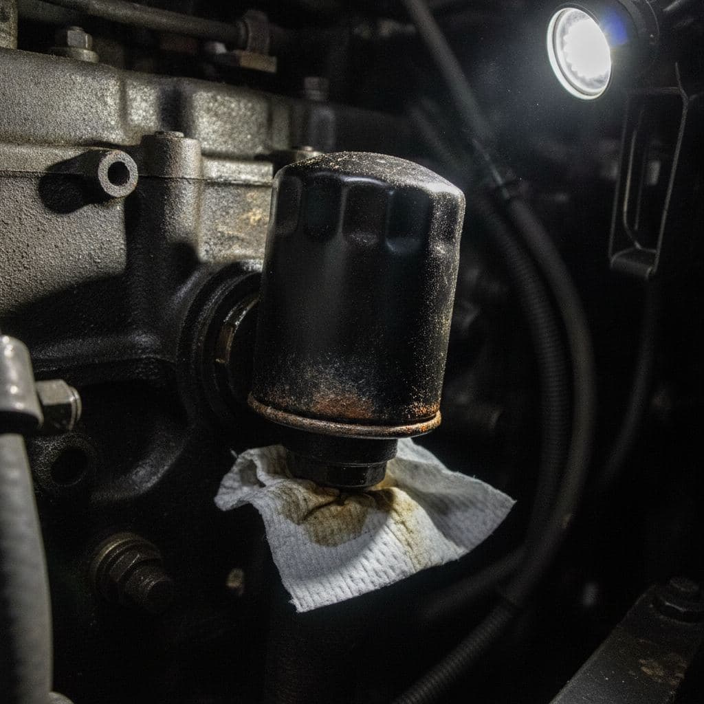 Old oil filter on a marine engine block, streaked with dark oil residue and surface rust